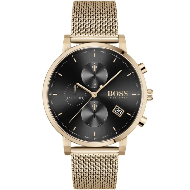 Hugo Boss Watch Men Black Dial Metal Stainless Rose Gold Mesh Strap Quartz Battery Analog Chronograph Integrity 1513808
