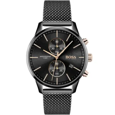 Hugo Boss Watch Water Resistant 5bar Men Black Dial Metal Stainless Mesh Strap Quartz Battery Analog Chronograph Associate 1513811