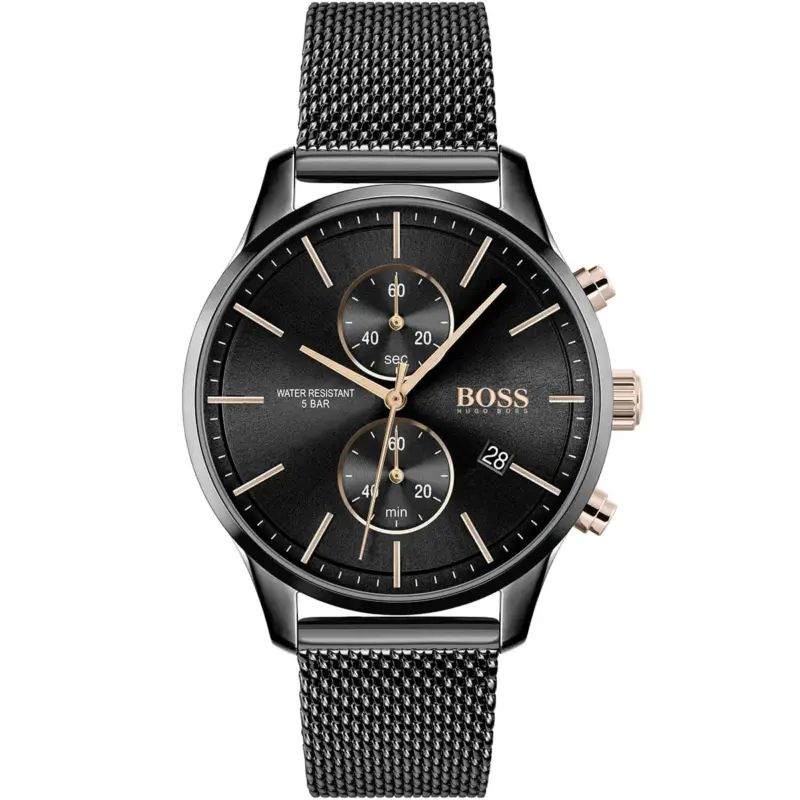 Hugo Boss Watch Water Resistant 5bar Men Black Dial Metal Stainless Mesh Strap Quartz Battery Analog Chronograph Associate 1513811