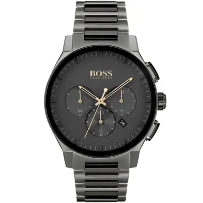 Hugo Boss Watch Men Black Dial Metal Stainless Steel Gray Strap Quartz Battery Analog Chronograph Peak 1513814