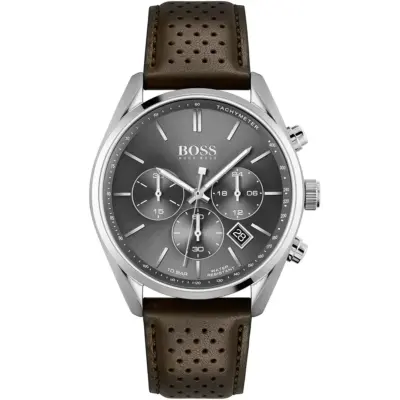 Hugo Boss Watch Men Gray Dial Leather Brown Strap Quartz Battery Analog Chronograph 10bar Water Resistant Champion 1513815
