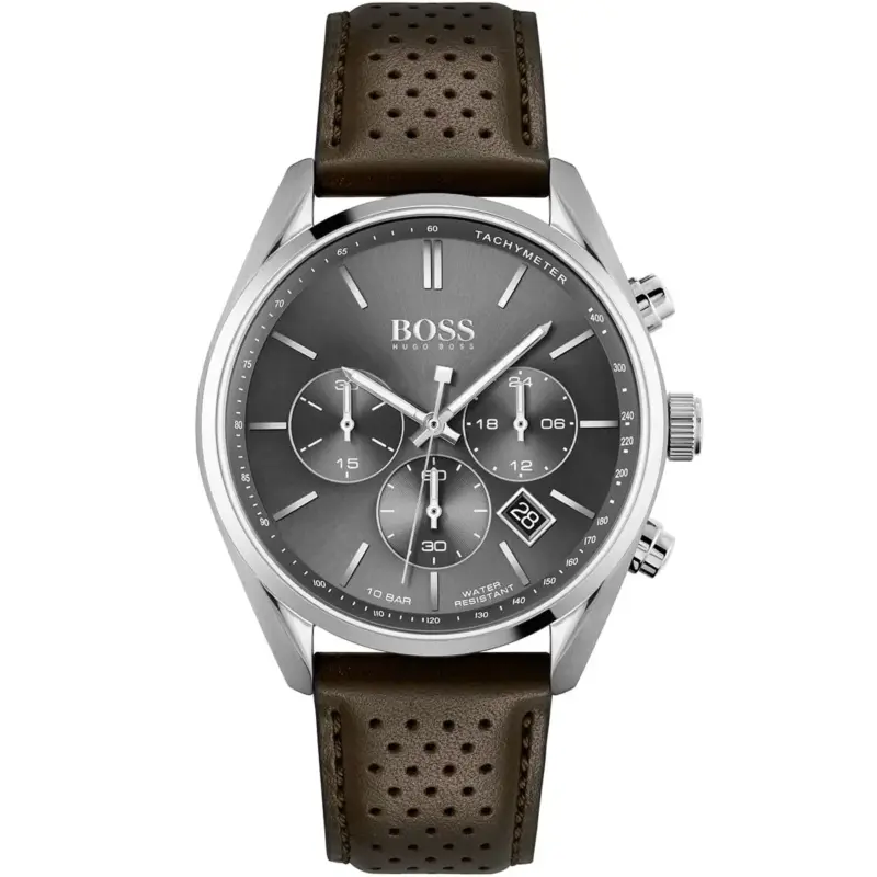 Hugo Boss Watch Men Gray Dial Leather Brown Strap Quartz Battery Analog Chronograph 10bar Water Resistant Champion 1513815