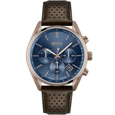 Hugo Boss Watch Men Blue Dial Leather Brown Strap Quartz Analog Chronograph Champion 1513817