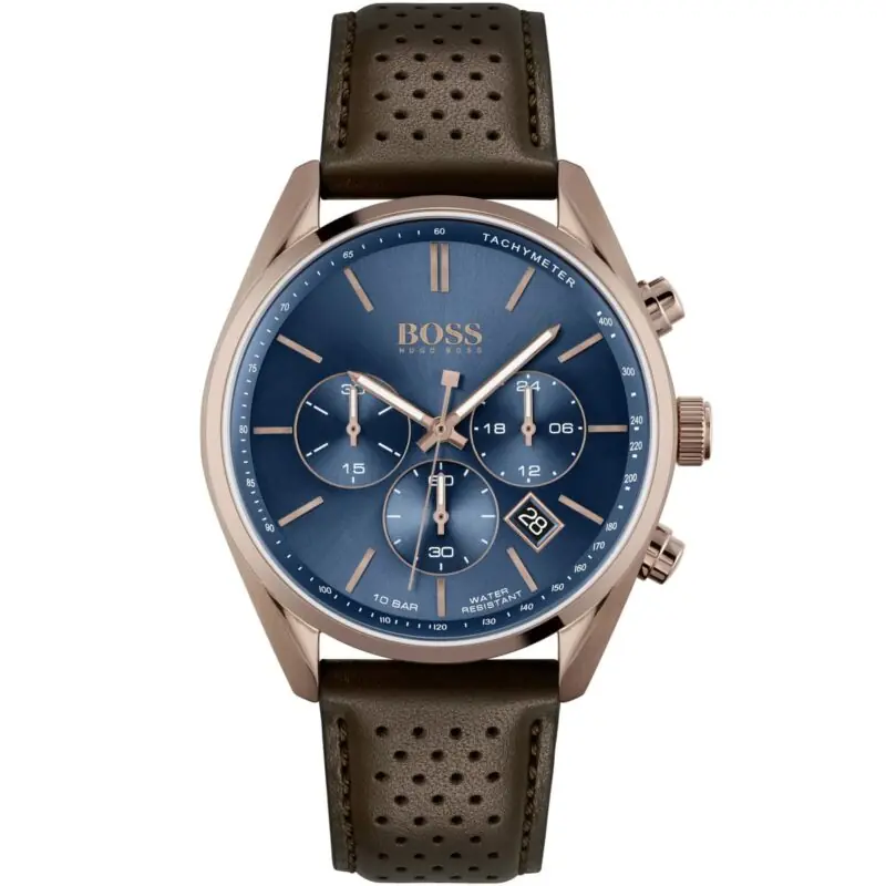 Hugo Boss Watch Men Blue Dial Leather Brown Strap Quartz Analog Chronograph Champion 1513817