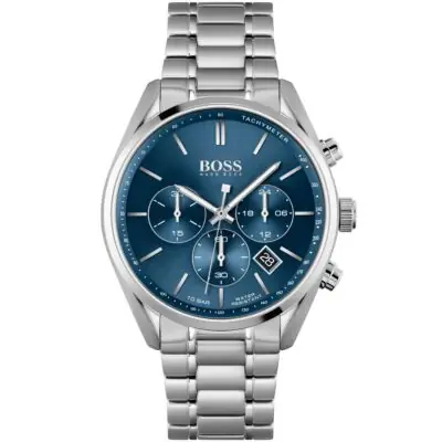 Hugo Boss Watch Men Blue Dial Stainless Steel Metal Silver Strap Quartz Analog Chronograph Champion 1513818