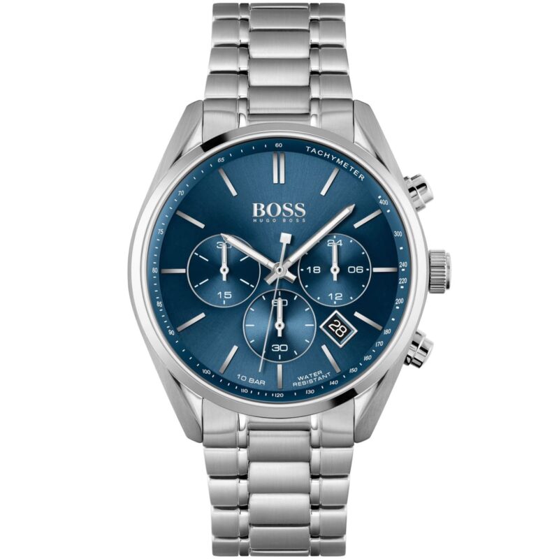 Hugo Boss Watch Men Blue Dial Stainless Steel Metal Silver Strap Quartz Analog Chronograph Champion 1513818