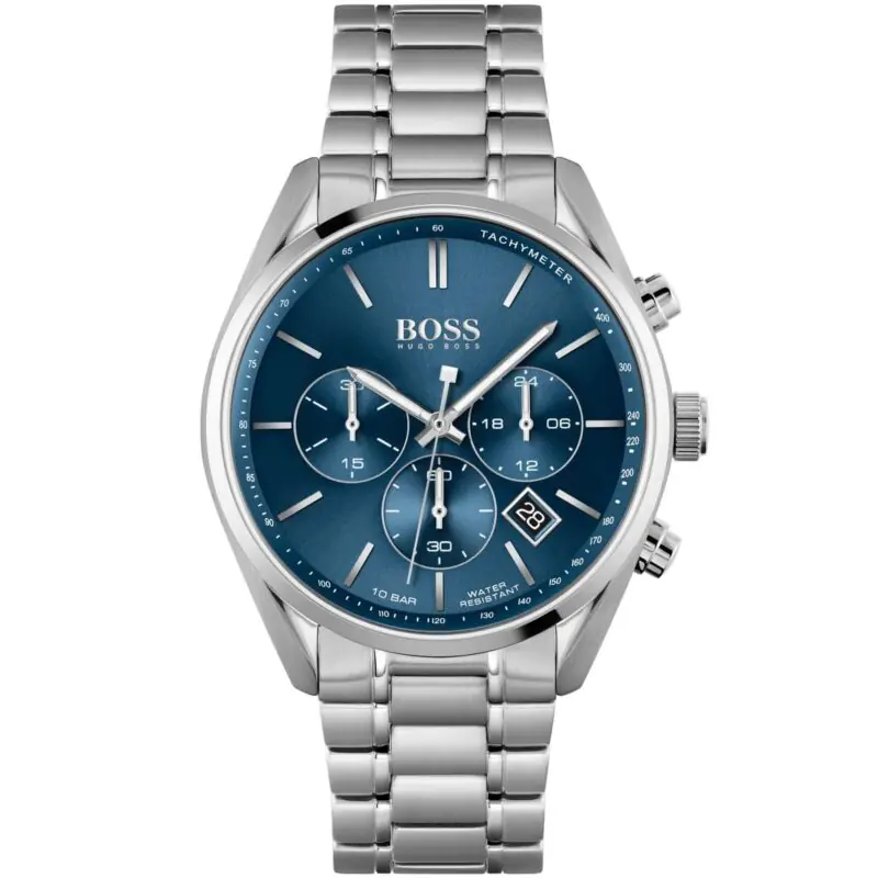 Hugo Boss Watch Men Blue Dial Stainless Steel Metal Silver Strap Quartz Analog Chronograph Champion 1513818
