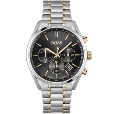 Hugo Boss Watch Men Black Dial Stainless Steel Metal Silver Rose Gold Two Tone Strap Quartz Analog Chronograph Champion 1513819