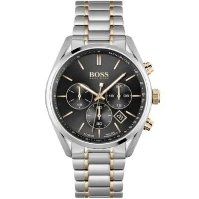 Hugo Boss Watch Men Black Dial Stainless Steel Metal Silver Rose Gold Two Tone Strap Quartz Analog Chronograph Champion 1513819