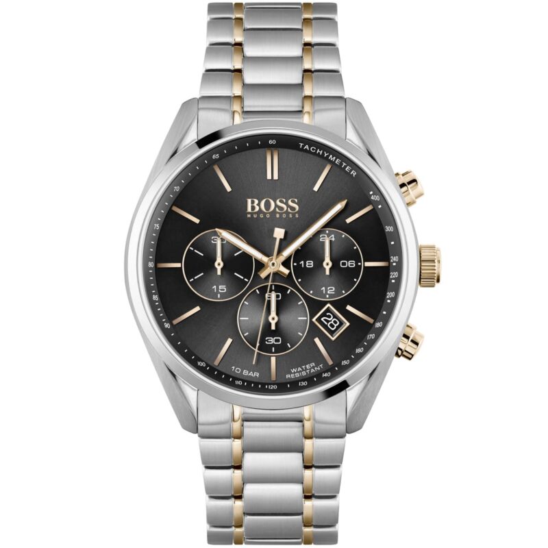 Hugo Boss Watch Men Black Dial Stainless Steel Metal Silver Rose Gold Two Tone Strap Quartz Analog Chronograph Champion 1513819