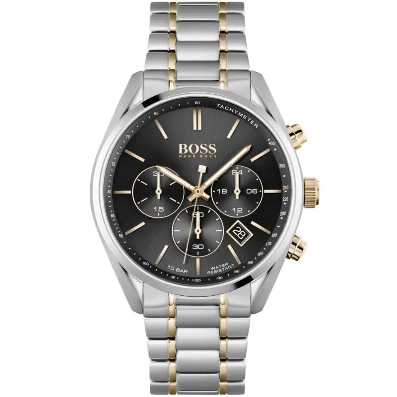 Hugo Boss Watch Men Black Dial Stainless Steel Metal Silver Rose Gold Two Tone Strap Quartz Analog Chronograph Champion 1513819