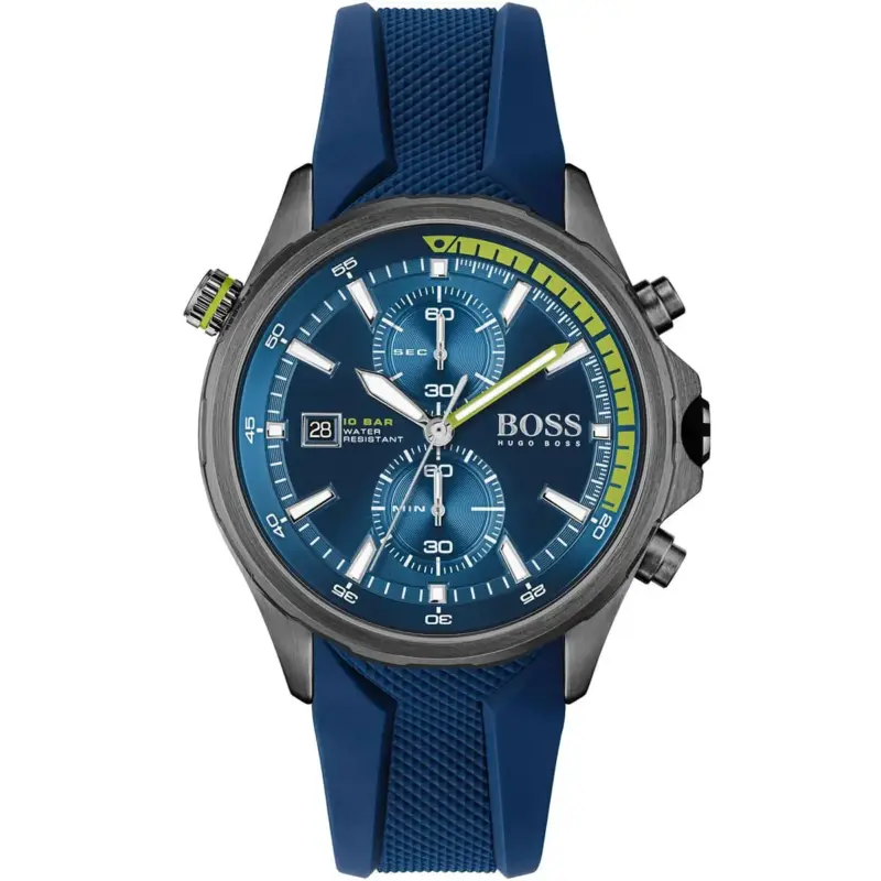Hugo Boss Watch Men Blue Dial Rubber Strap Quartz Battery Analog Chronograph 10bar Water Resistant Globetrotter 1513821
