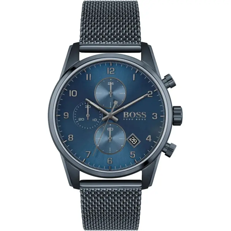 Hugo Boss Watch Men Black Dial Metal Stainless Blue Mesh Strap Quartz Battery Analog Chronograph Skymaster 1513836
