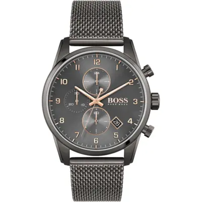 Hugo Boss Watch Men Gray Dial Metal Stainless Mesh Strap Quartz Battery Analog Chronograph Skymaster 1513837
