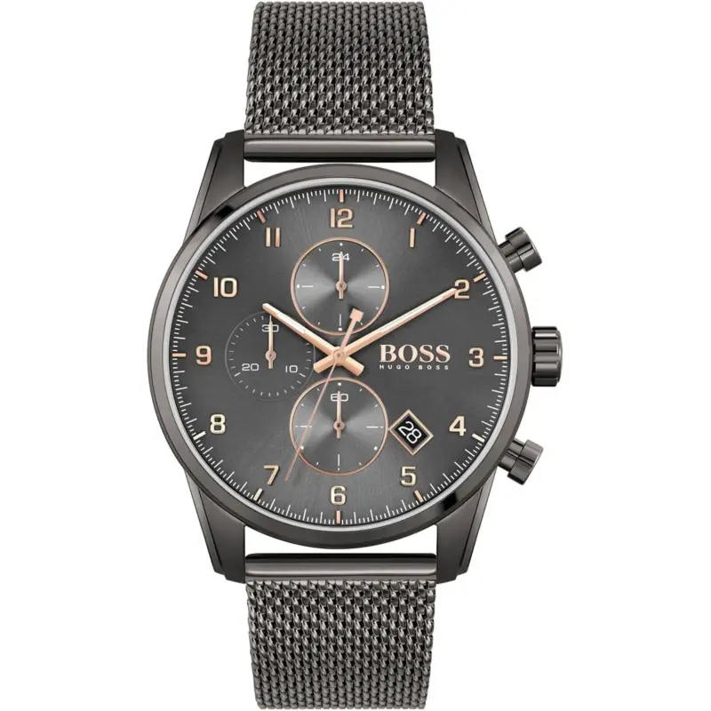 Hugo Boss Watch Men Gray Dial Metal Stainless Mesh Strap Quartz Battery Analog Chronograph Skymaster 1513837