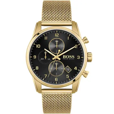 Hugo Boss Watch Men Black Dial Metal Stainless Gold Mesh Strap Quartz Battery Analog Chronograph Skymaster 1513838