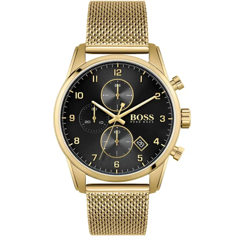 Hugo Boss Watch Men Black Dial Metal Stainless Gold Mesh Strap Quartz Battery Analog Chronograph Skymaster 1513838