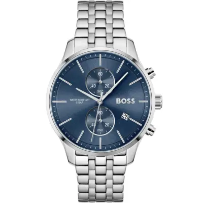 Hugo Boss Watch Water Resistant 5bar Men Blue Dial Metal Stainless Silver Strap Quartz Battery Analog Chronograph Associate 1513839