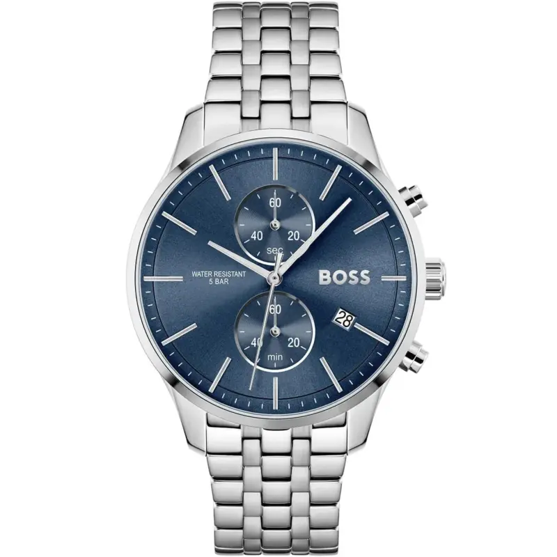 Hugo Boss Watch Water Resistant 5bar Men Blue Dial Metal Stainless Silver Strap Quartz Battery Analog Chronograph Associate 1513839