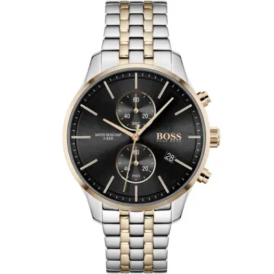 Hugo Boss Watch Water Resistant 5bar Men Black Dial Metal Stainless Silver Rose Gold Strap Quartz Battery Analog Chronograph Associate 1513840