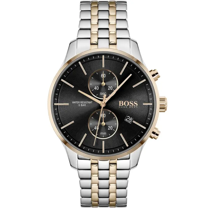 Hugo Boss Watch Water Resistant 5bar Men Black Dial Metal Stainless Silver Rose Gold Strap Quartz Battery Analog Chronograph Associate 1513840