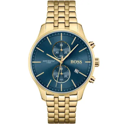 Hugo Boss Watch Water Resistant 5bar Men Blue Dial Metal Stainless Gold Strap Quartz Battery Analog Chronograph Associate 1513841