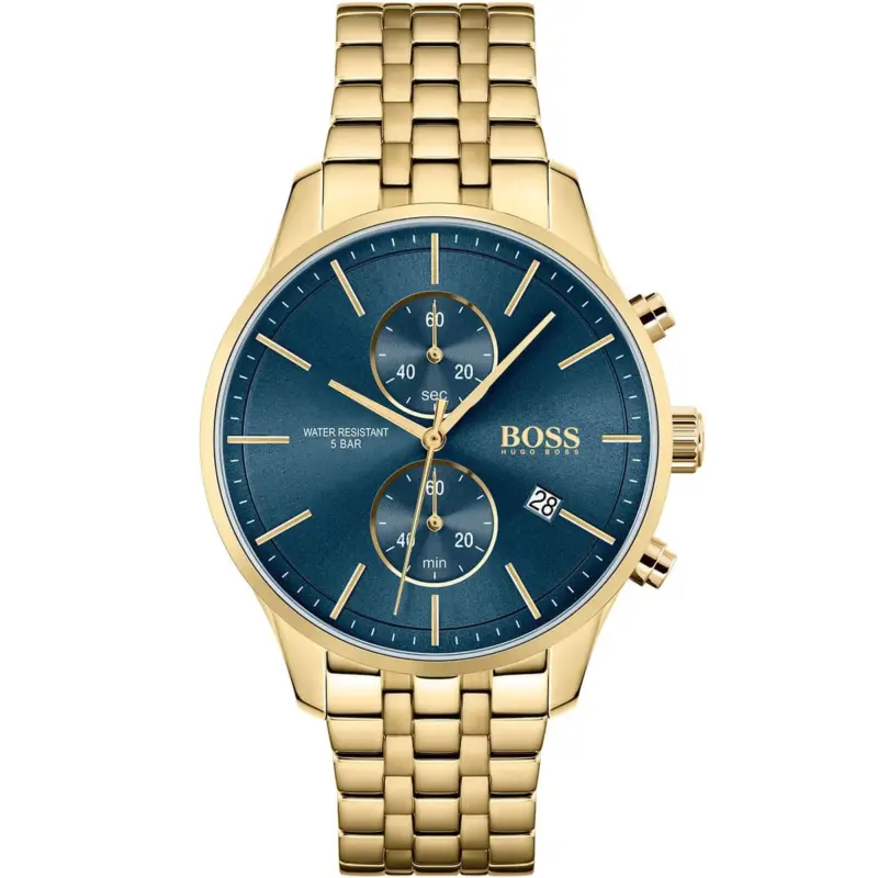 Hugo Boss Watch Water Resistant 5bar Men Blue Dial Metal Stainless Gold Strap Quartz Battery Analog Chronograph Associate 1513841