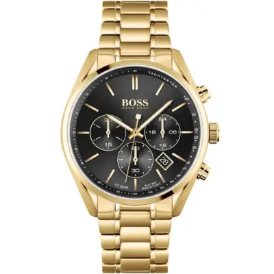 Hugo Boss Watch 10bar Water Resistant Men Black Dial Metal Stainless Gold Strap Quartz Battery Analog Chronograph Champion 1513848