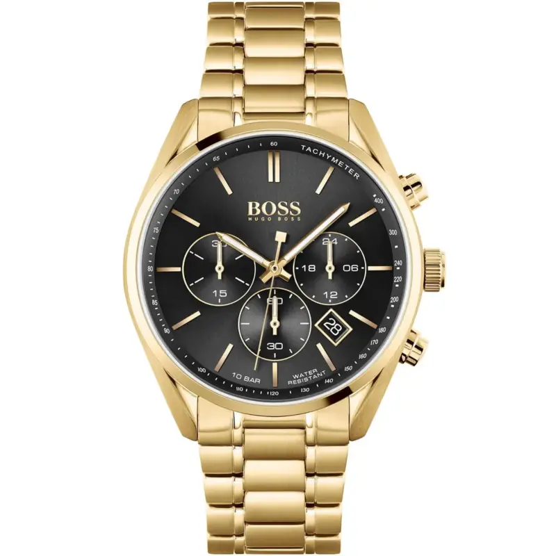 Hugo Boss Watch 10bar Water Resistant Men Black Dial Metal Stainless Gold Strap Quartz Battery Analog Chronograph Champion 1513848