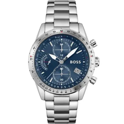 Hugo Boss Watch Men Blue Dial Metal Stainless Steel Silver Strap Quartz Battery Analog Chronograph Pilot Edition Chrono 1513850