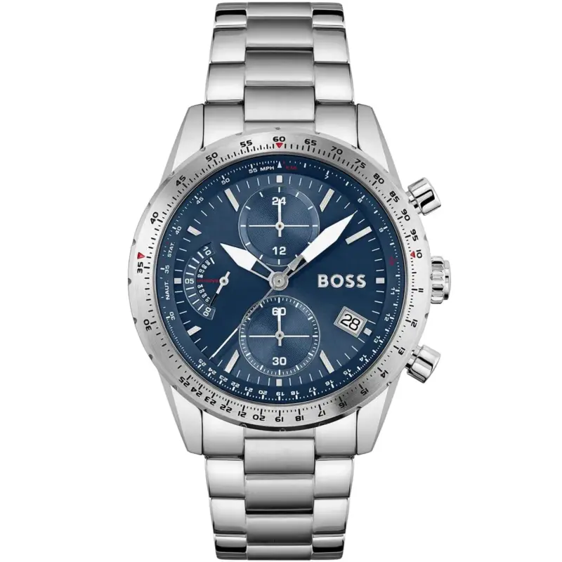 Hugo Boss Watch Men Blue Dial Metal Stainless Steel Silver Strap Quartz Battery Analog Chronograph Pilot Edition Chrono 1513850
