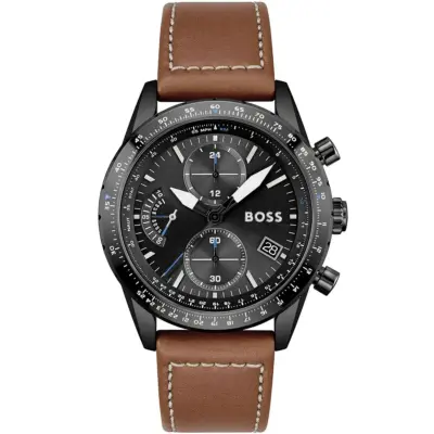 Hugo Boss Watch Men Black Dial Leather Brown Strap Quartz Battery Analog Chronograph Pilot Edition Chrono 1513851