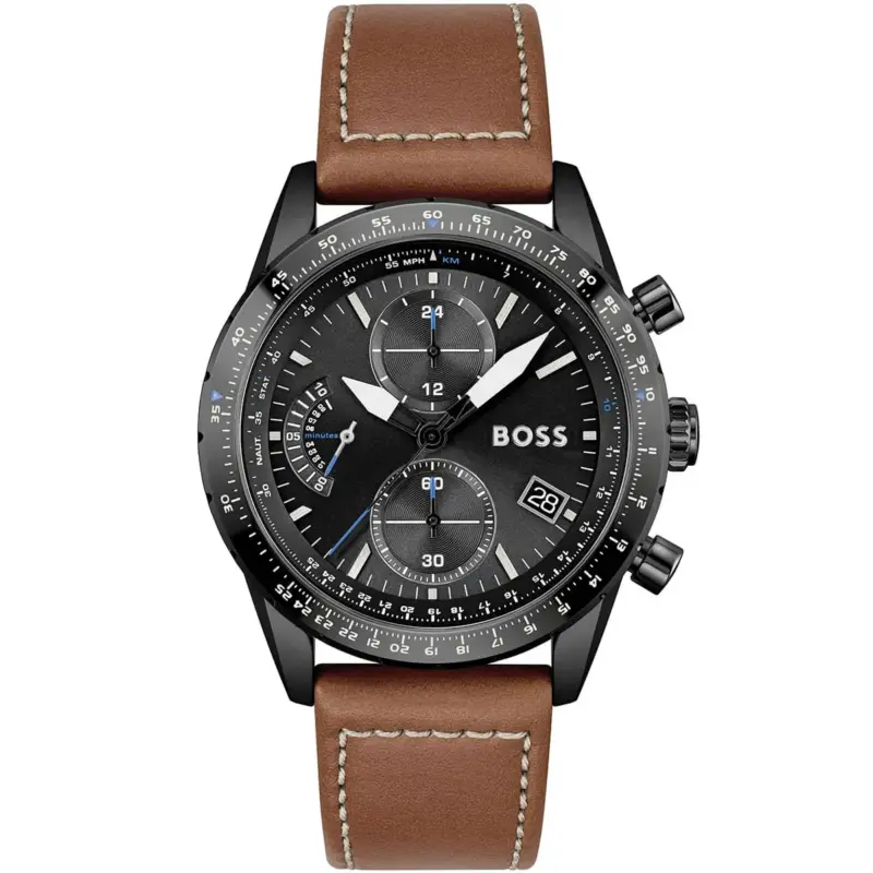 Hugo Boss Watch Men Black Dial Leather Brown Strap Quartz Battery Analog Chronograph Pilot Edition Chrono 1513851