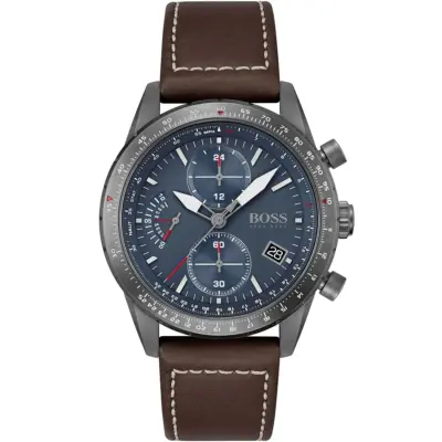 Hugo Boss Watch Men Blue Dial Leather Brown Strap Quartz Battery Analog Chronograph Pilot Edition Chrono 1513852