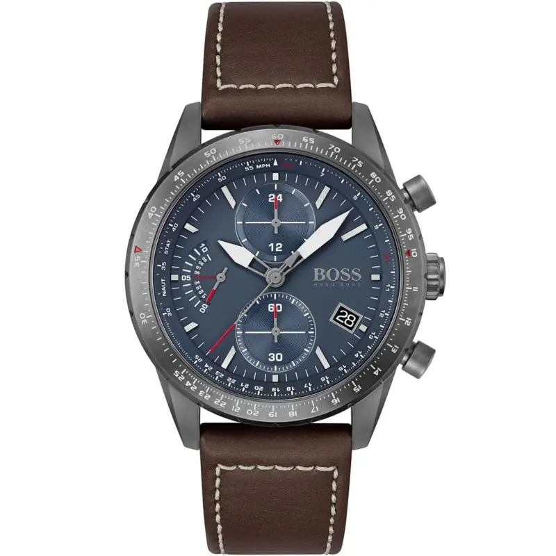 Hugo Boss Watch Men Blue Dial Leather Brown Strap Quartz Battery Analog Chronograph Pilot Edition Chrono 1513852