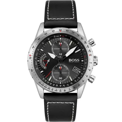 Hugo Boss Watch Men Black Dial Leather Strap Quartz Battery Analog Chronograph Pilot Edition Chrono 1513853