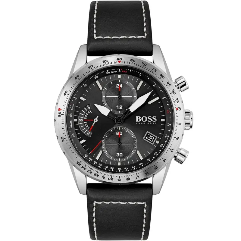 Hugo Boss Watch Men Black Dial Leather Strap Quartz Battery Analog Chronograph Pilot Edition Chrono 1513853