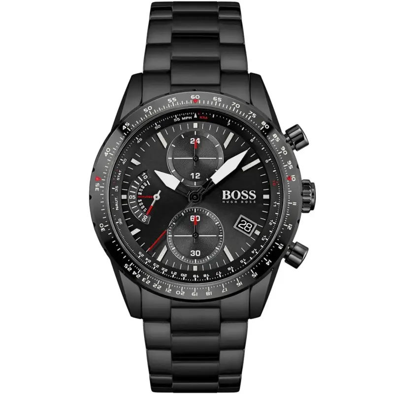Hugo Boss Watch Men Black Dial Metal Stainless Steel Strap Quartz Battery Analog Chronograph Pilot Edition Chrono 1513854