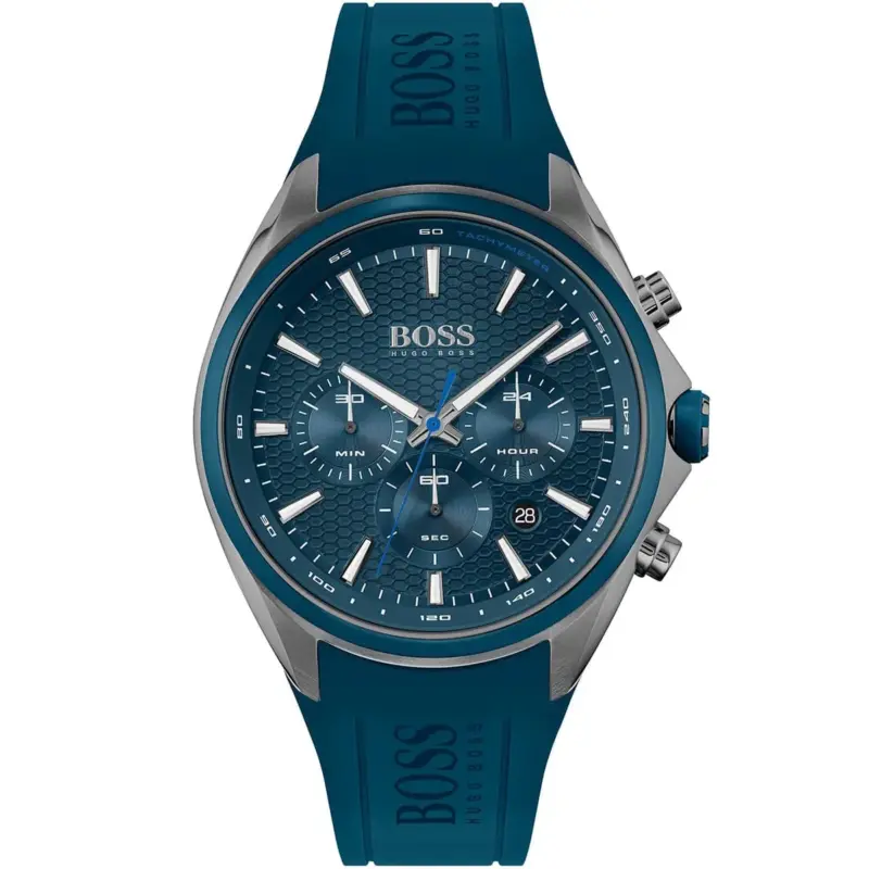 Hugo Boss Watch Men Blue Dial Rubber Strap Quartz Battery Analog Chronograph Distinct 1513856
