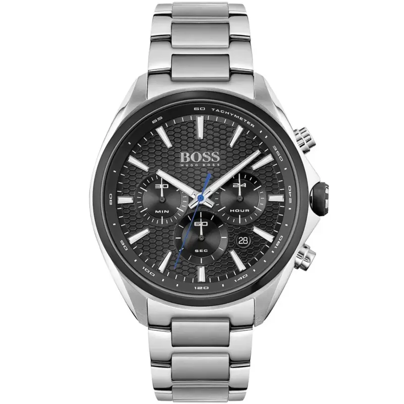 Hugo Boss Watch Men Black Dial Metal Stainless Steel Silver Strap Quartz Battery Analog Chronograph Distinct 1513857