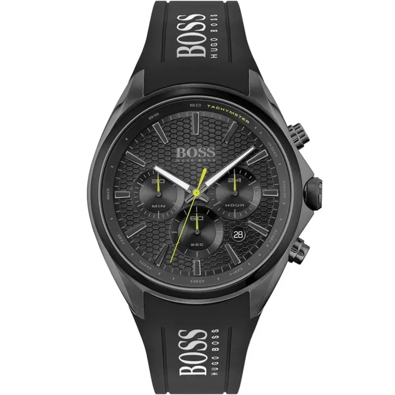 Hugo Boss Watch Men Black Dial Rubber Strap Quartz Battery Analog Chronograph Distinct 1513859