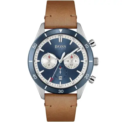 Hugo Boss Watch Men Blue Dial Leather Brown Strap Quartz Battery Analog Chronograph Santiago 1513860