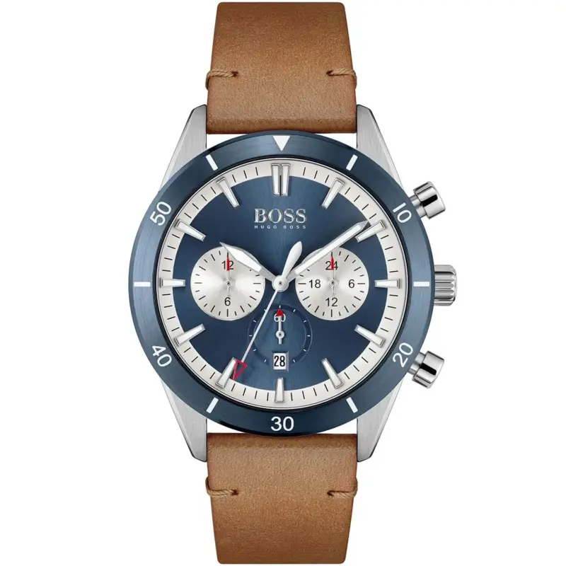 Hugo Boss Watch Men Blue Dial Leather Brown Strap Quartz Battery Analog Chronograph Santiago 1513860