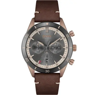 Hugo Boss Watch Men Gray Dial Leather Brown Strap Quartz Battery Analog Chronograph Santiago 1513861