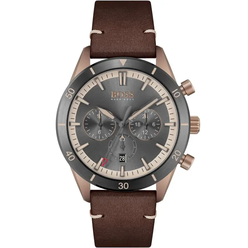 Hugo Boss Watch Men Gray Dial Leather Brown Strap Quartz Battery Analog Chronograph Santiago 1513861