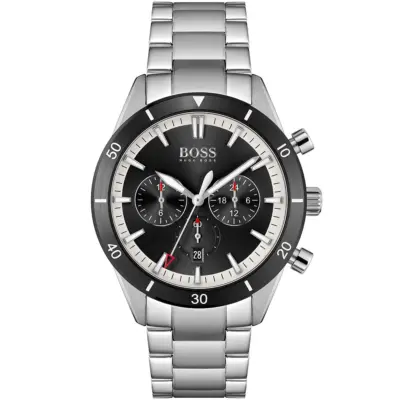 Hugo Boss Watch Men Black Dial Metal Stainless Steel Silver Strap Quartz Battery Analog Chronograph Santiago 1513862