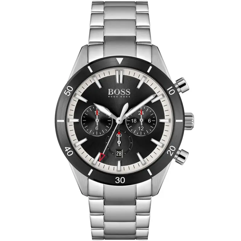 Hugo Boss Watch Men Black Dial Metal Stainless Steel Silver Strap Quartz Battery Analog Chronograph Santiago 1513862