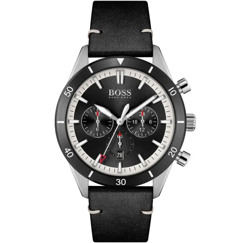 Hugo Boss Watch Men Black Dial Leather Strap Quartz Battery Analog Chronograph Santiago 1513864