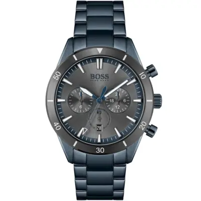 Hugo Boss Watch Men Gray Dial Metal Stainless Steel Blue Strap Quartz Battery Analog Chronograph Santiago 1513865