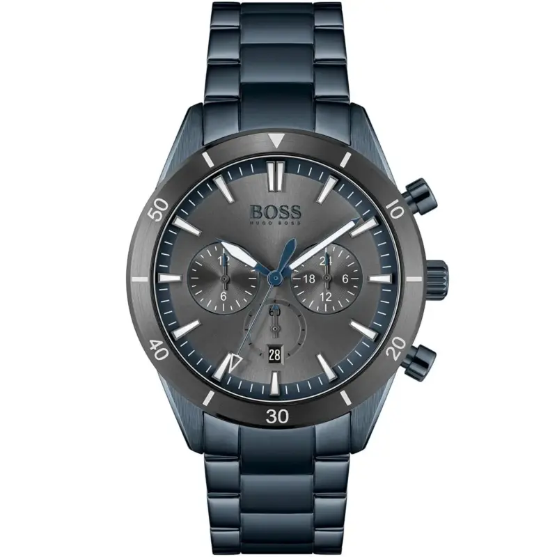Hugo Boss Watch Men Gray Dial Metal Stainless Steel Blue Strap Quartz Battery Analog Chronograph Santiago 1513865